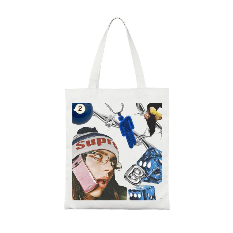 Custom Y2K Chaos Tote Bag – Chrome Dice & Barbed Wire Aesthetic