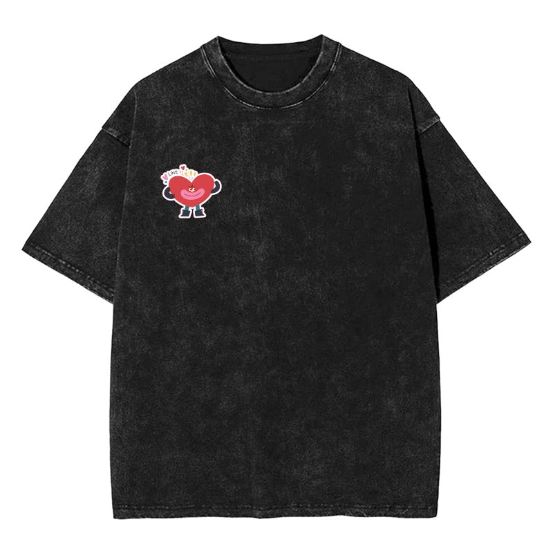 Custom Cartoon Heart Tee – Washed Black Streetwear with Love Fries Vibe