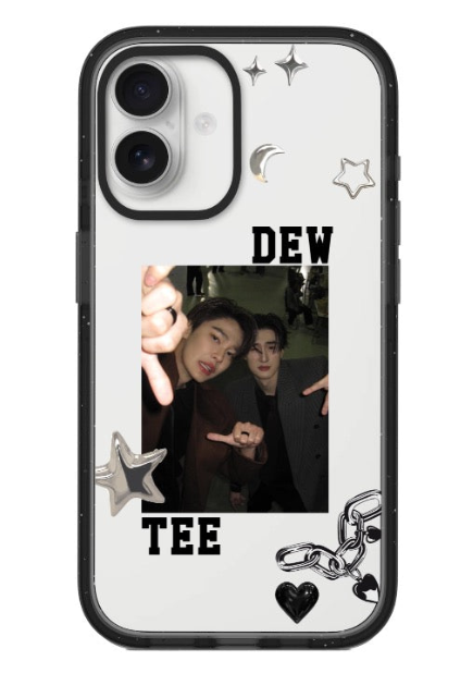 DEW TEE photo collage phone case with portrait artwork, moon and star charms, white background, and black impact-style edge