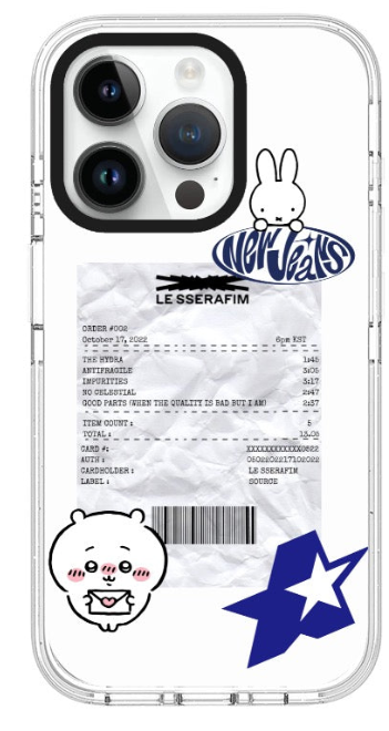 Pearl white iPhone 14 Pro case with bunny, LE SSERAFIM receipt-style artwork, envelope character, and blue star