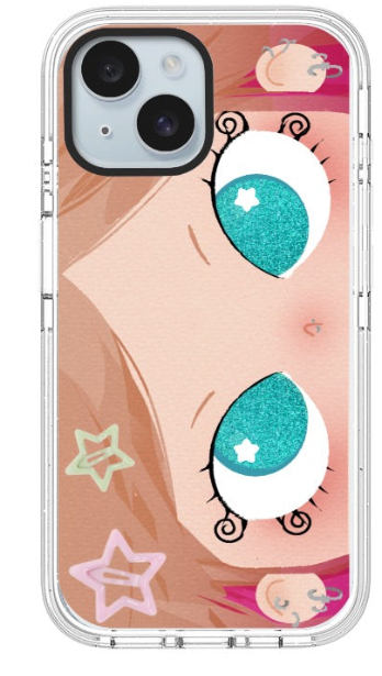 Pastel cartoon face phone case with glittery blue eyes and colorful star details
