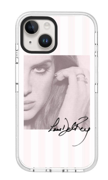 Soft pink Lana Del Rey portrait phone case with delicate stripes and signature detail