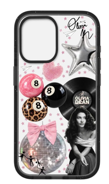 Olivia Dean pink music collage customizable phone case with 8-ball, disco ball and vinyl record