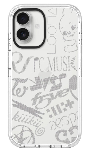White phone case with silver-grey typography, cartoon doodles and abstract graphic symbols
