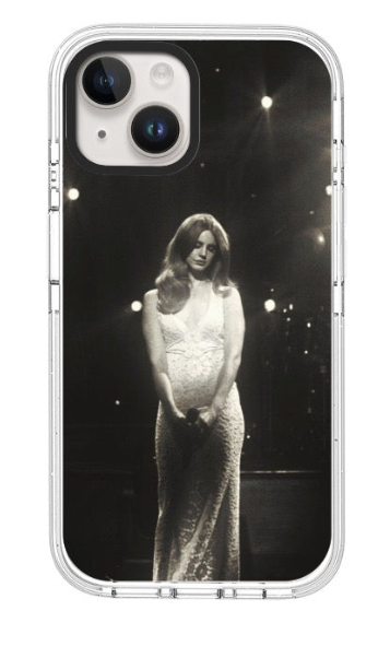 Black and white phone case design featuring a woman in an elegant white lace gown under distant lights
