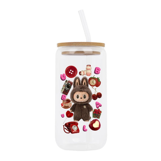Custom Cute Bunny Glass Cup with Lid & Straw – Red Retro Aesthetic Sticker Design Mug [9762]