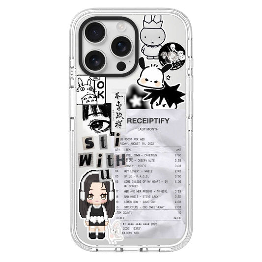 Customizable Black & White Aesthetic iPhone Case – Receiptify Collage with Pixel Girl Phone Case  for iPhone 11 - 17, iPhone 17 Air Series [3347]