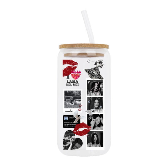 Custom Lana Del Rey Glass Cup – Born to Die Aesthetic, Vintage Kiss Collage Mug [1210]
