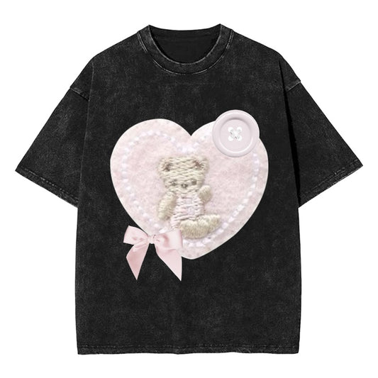 Customizable Teddy Bear Heart T-Shirt – Soft Girl Aesthetic with Bow & Vintage Black Wash T-Shirt [8681]