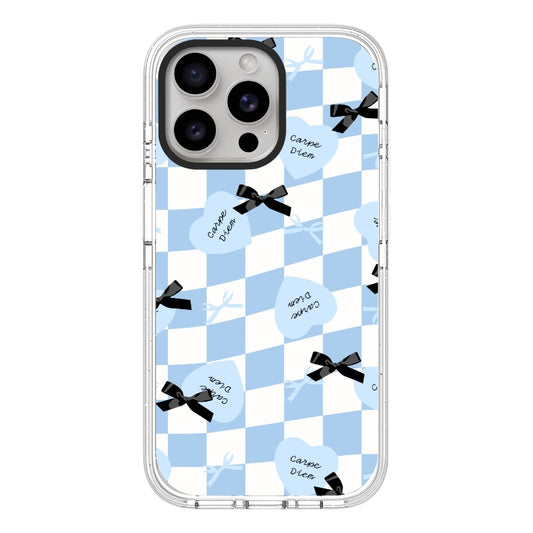 Custom Carpe Diem Phone Case – Blue Checkered Heart & Bow Design  for iPhone 11 - 17, iPhone 17 Air Series [13763]
