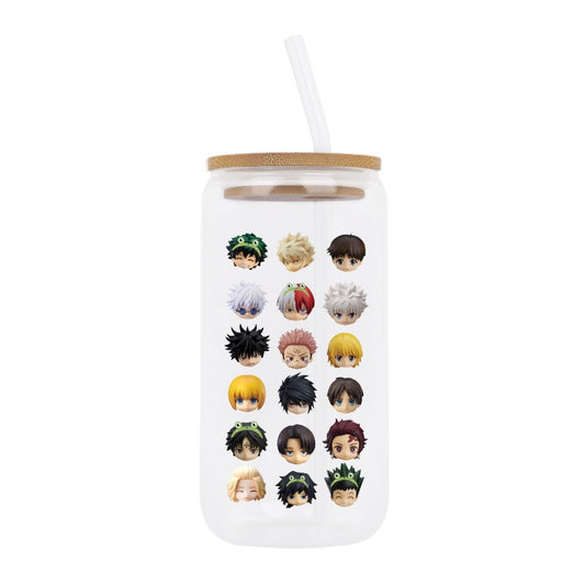 Custom Anime Boy Characters Glass Cup with Bamboo Lid and Straw – Shonen Hero Collage Tumbler Mug [10356]