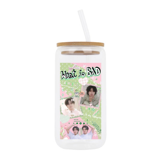 Custom “Want So BAD” Couple Collage Glass Cup – Pastel Green Love Vibe Mug [8845]