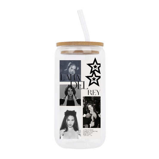 Custom Lana Del Rey Glass Tumbler – Black & White Aesthetic, Retro Star Design, Born to Die Inspired Mug [2690]