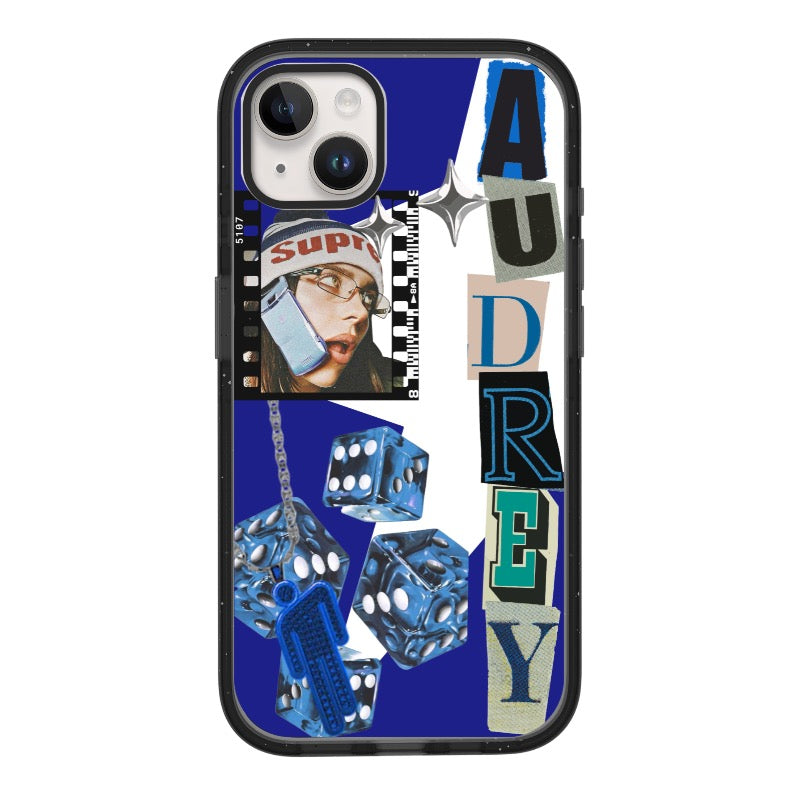 Custom Y2K Audrey Name Phone Case – Blue Dice & Streetwear Collage Design Custom ID 1748454826371