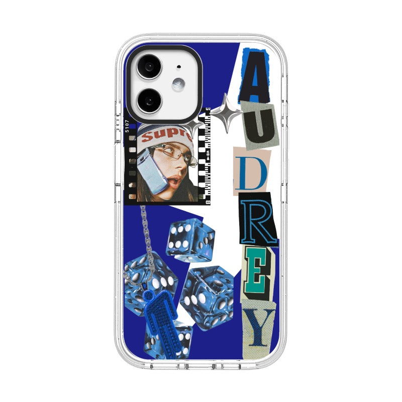 Custom Phone Case – Blue Dice Collage with Name Audrey  for iPhone 11 - 17, iPhone 17 Air Series [13233]