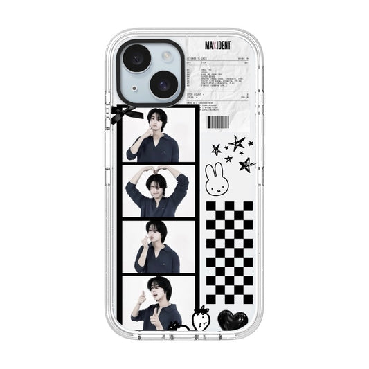 Custom Korean Idol Photo Strip Phone Case – Black and White Aesthetic with Checkerboard & Bunny Design Phone Case  for iPhone 11 - 17, iPhone 17 Air Series [10359]