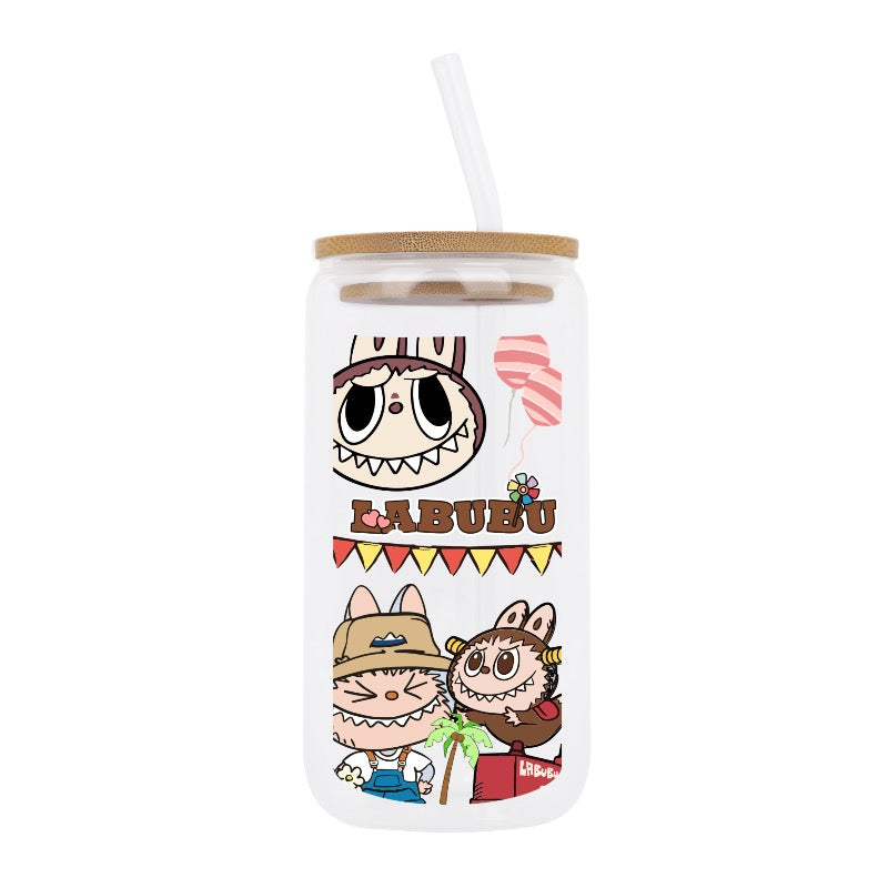 Custom LABUBU Character Glass Tumbler with Straw – Funny Cute Goblin Style Cup Mug [8332]