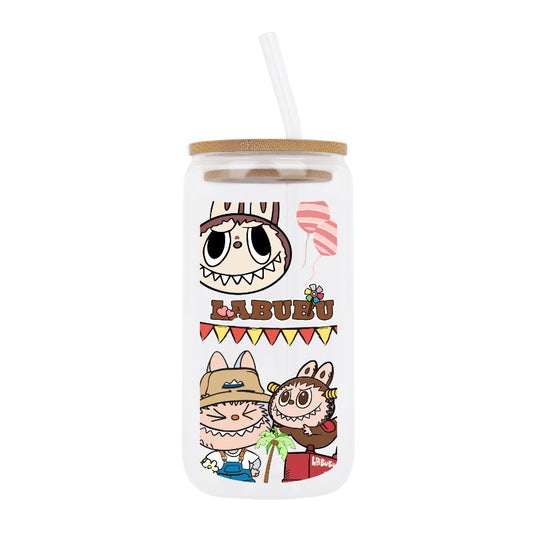 Custom LABUBU Character Glass Tumbler with Straw – Funny Cute Goblin Style Cup Mug [8332]