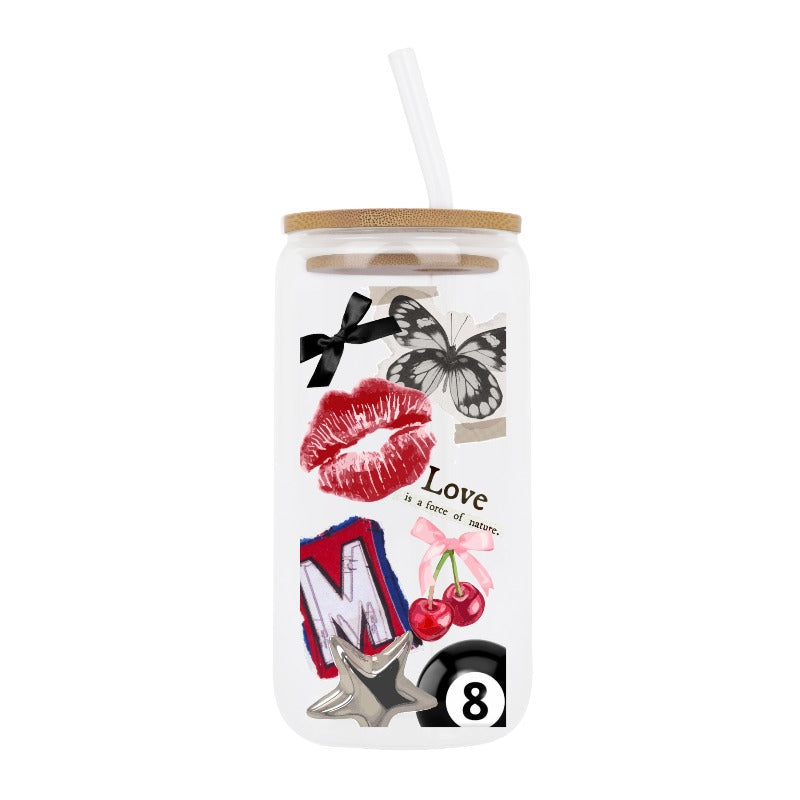 Custom Aesthetic Glass Tumbler with Straw Love Cherry Butterfly Design [13939]