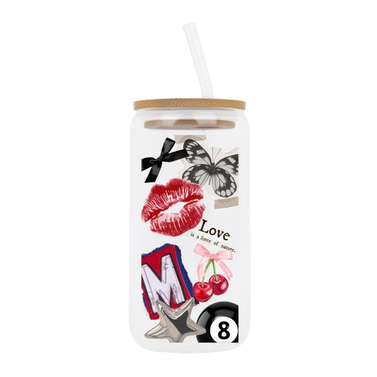 Custom Aesthetic Glass Tumbler with Straw Love Cherry Butterfly Design [13939]