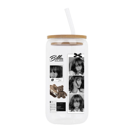 Custom Billie Eilish Glass Tumbler – Vintage B&W Moodboard with Teddy Bears Mug [6509]