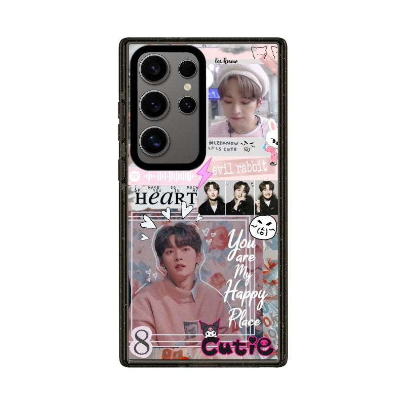 Customizable Lee Know Samsung Case – Pink K-pop Collage with Cute Text, Evil Rabbit & Happy Place Vibes Phone Case [8473]