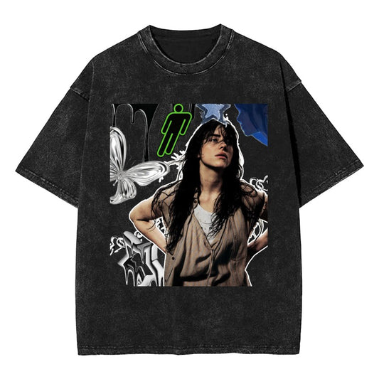 Custom Grunge Billie Eilish Aesthetic T-Shirt – Streetwear Oversized Tee with Butterfly & Neon Graphic T-Shirt [8157]