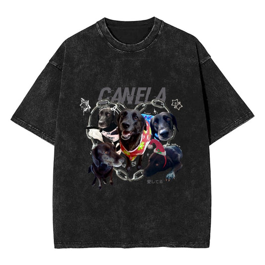 Customizable Pet Portrait T-Shirt – Gothic Black Dog Collage with Name Design T-Shirt [8679]