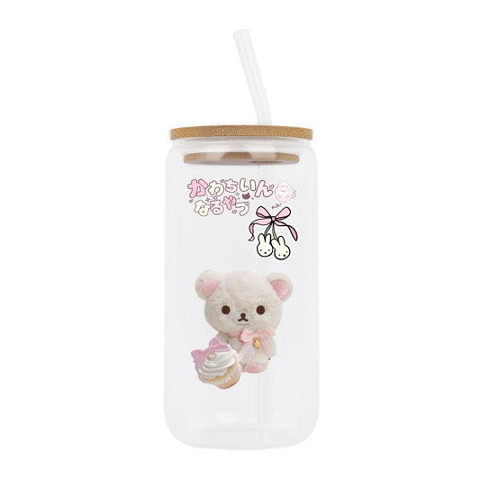 Custom Kawaii Bear Glass Tumbler with Straw – Cute Japanese Style Cup [13685]