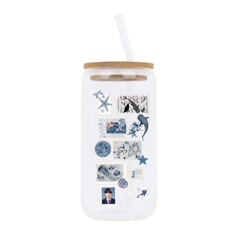 Custom Ocean Collage Glass Tumbler – Aesthetic Blue Sea Stickers & K-pop Inspired Design Mug [8448]