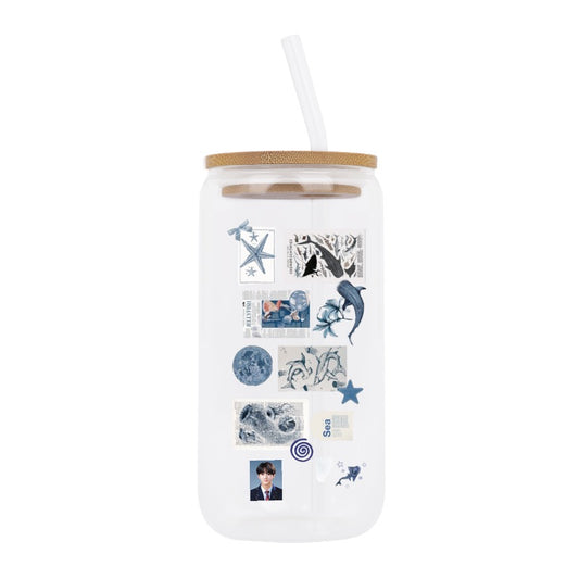 Custom Ocean Collage Glass Tumbler – Aesthetic Blue Sea Stickers & K-pop Inspired Design Mug [8448]