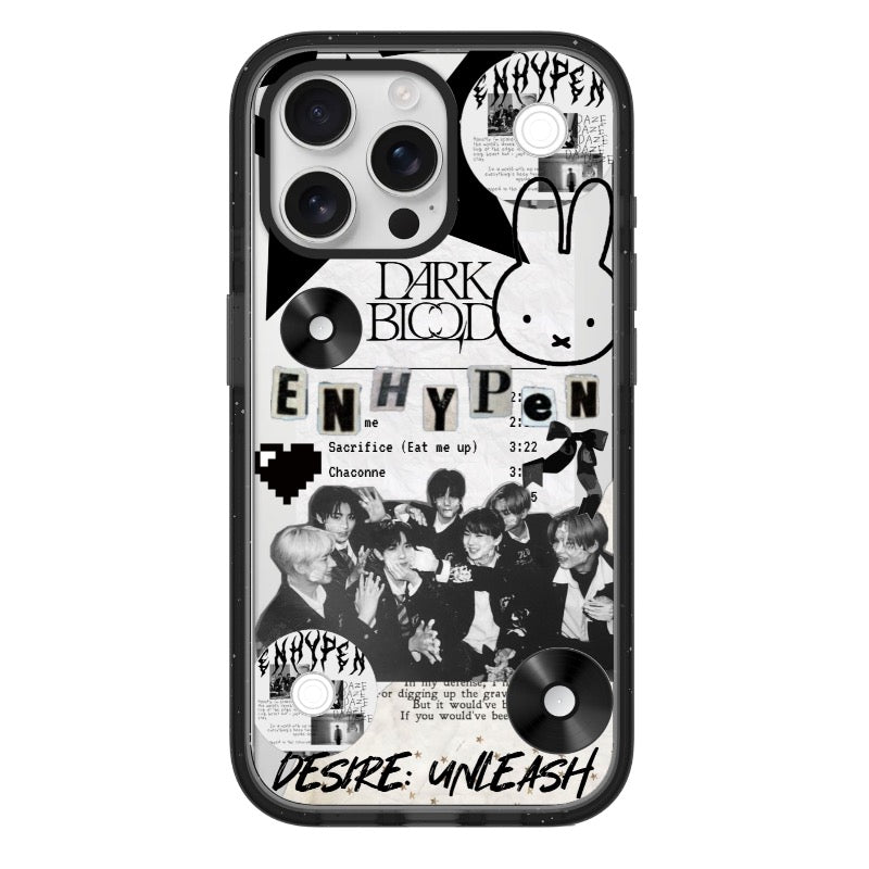 Custom ENHYPEN Dark Blood Phone Case – Black Grunge Style with Album Tracklist and Bunny Accent Phone Case [8417]