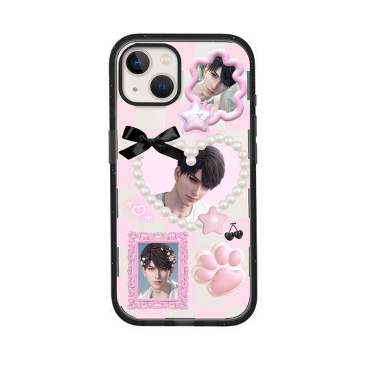 Custom Anime Boy Pink Aesthetic Phone Case – 3D Pearl Heart, Bow & Paw Charm Style Phone Case [8387]