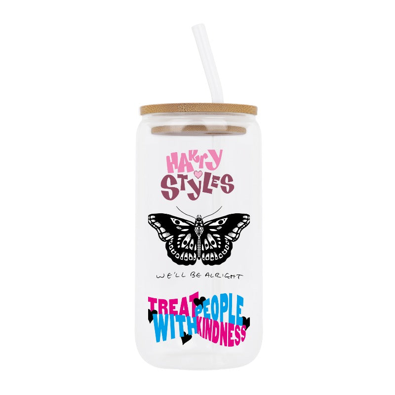 Customizable Harry Styles Glass Tumbler – Treat People with Kindness Butterfly Design Cup Mug [8517]