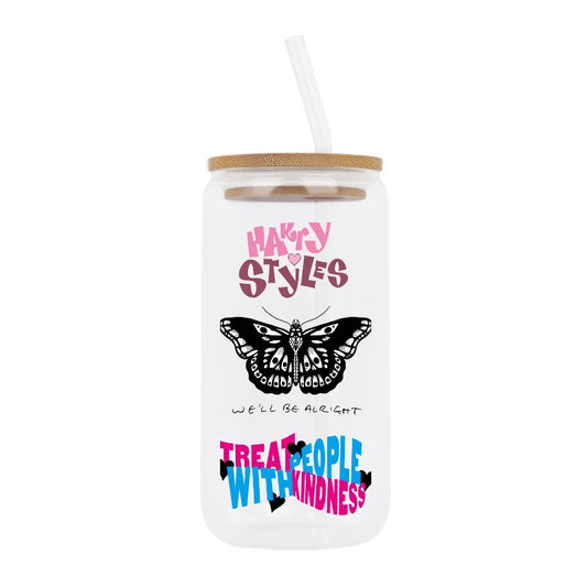 Customizable Harry Styles Glass Tumbler – Treat People with Kindness Butterfly Design Cup Mug [8517]