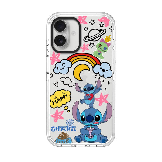 Custom “Ohana Happy” Stitch Cartoon Clear Case – Rainbow Doodle Edition Phone Case  for iPhone 11 - 17, iPhone 17 Air Series [8837]