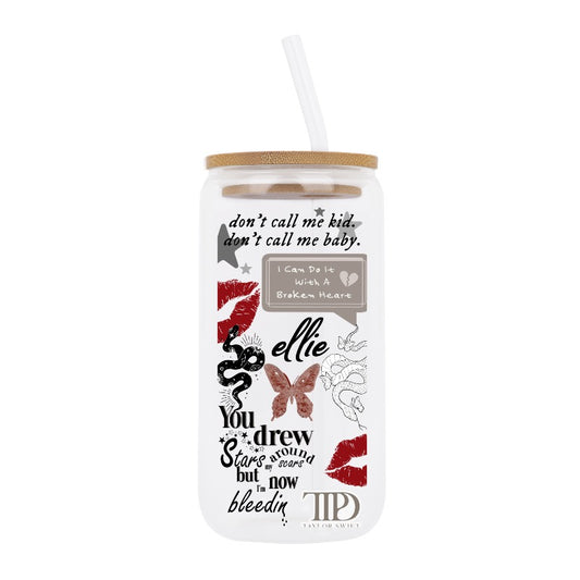 Custom Glass Tumbler with Straw – Taylor Inspired Lyrics & Retro Collage [13278]