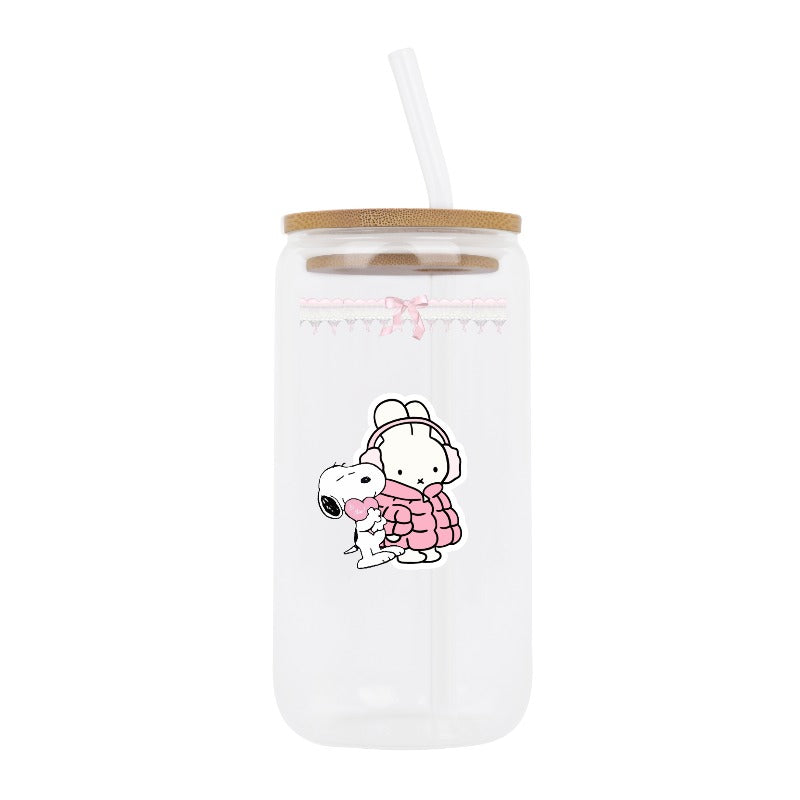 Custom Cute Bunny & Snoopy Glass Cup with Straw [13854]