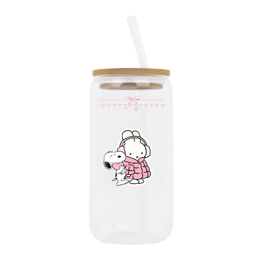 Custom Cute Bunny & Snoopy Glass Cup with Straw [13854]