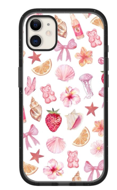 White phone case with pink bows, seashells, strawberries, flowers, citrus slices and gummy bear motifs