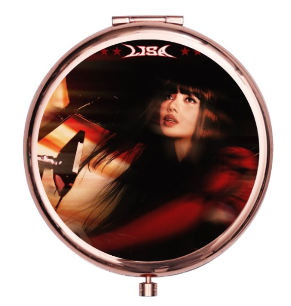 Rose-gold round makeup mirror featuring LISA in a dramatic red-and-black portrait