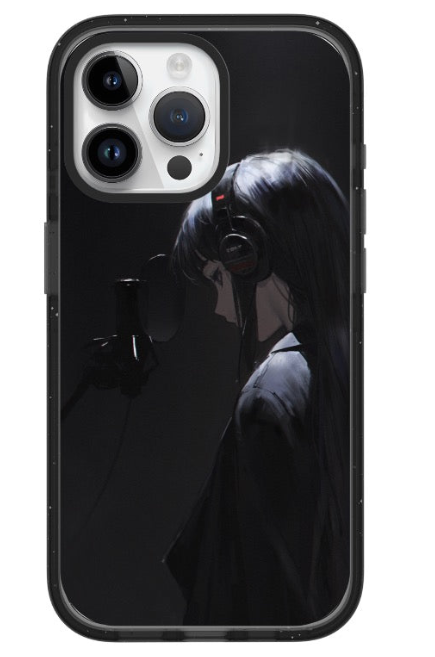 Customizable phone case with a moody singer wearing headphones in a recording studio