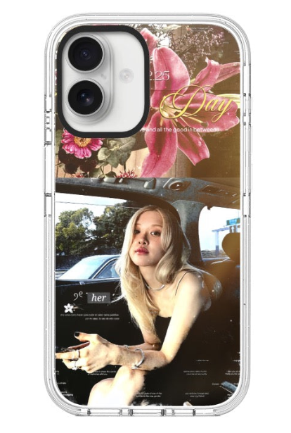 Clear phone case with a Y2K scrapbook collage of pink lilies and a candid golden-hour car portrait