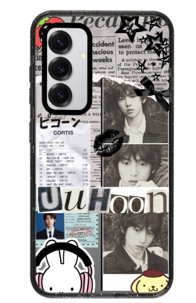 Customizable CORTIS newspaper collage phone case with portrait panels and graphic details