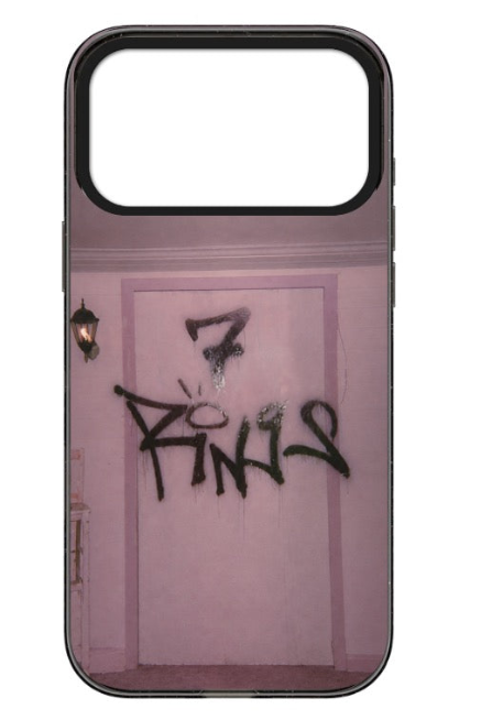 Pink phone case design featuring a dusky doorway and expressive black graffiti lettering