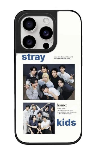 White phone case with a Stray Kids group collage design