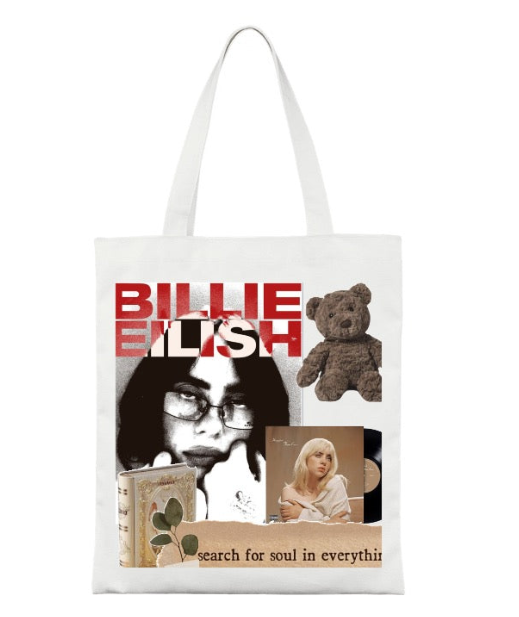White canvas tote bag with Billie Eilish photo collage, red lettering, teddy bear, vinyl record and vintage paper details