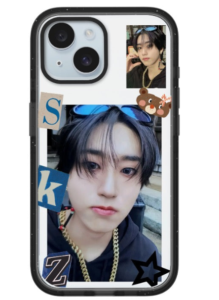 SKZ photo collage phone case with blue sticker accents, portrait artwork, and black impact-style edge