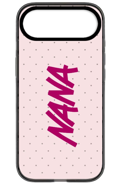Pink polka-dot NANA phone case with bold magenta lettering and black impact-style edge for iPhone 17 Air