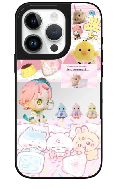Pink kawaii character collage phone case with pastel figures, bunnies, hearts, and scrapbook-style details